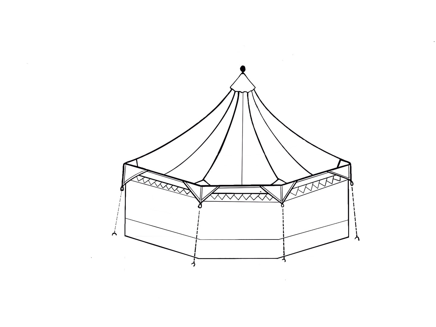 Oakenfoot Custom 15' hexagon Faire Sails pattern tent system, build-a-tents