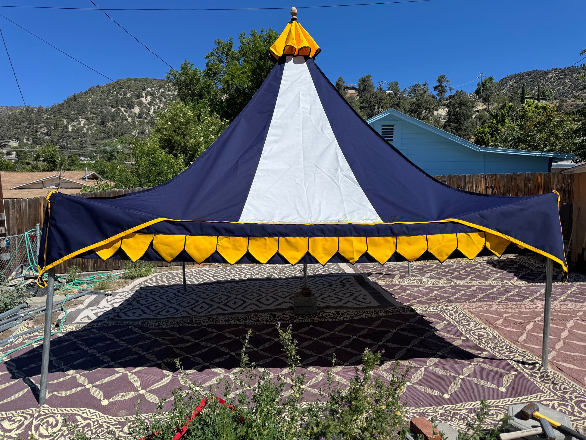 12-footer Faire Sails pattern Oakenfoot tent system, center pole free, off the shelf