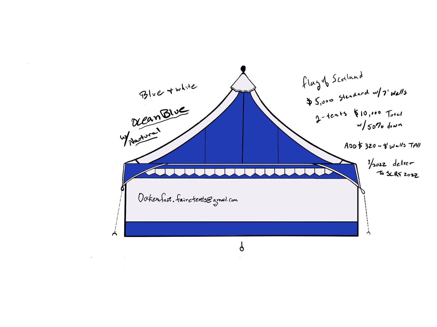 Oakenfoot Faire Tents - 10' & 12-foot square, Flag of Scotland Theme, tent system